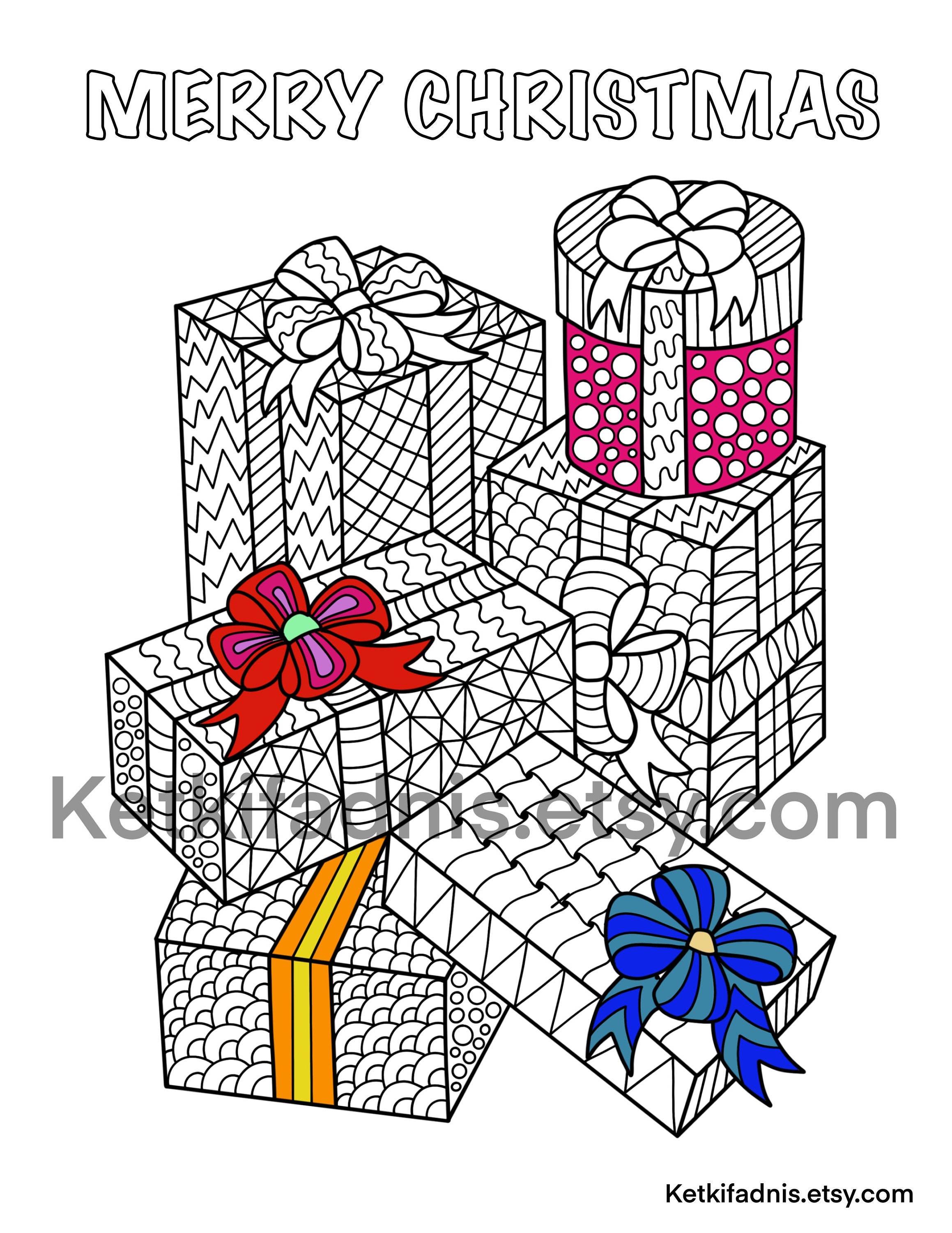 Christmas presents coloring page pdf digital download zentangle colouring page