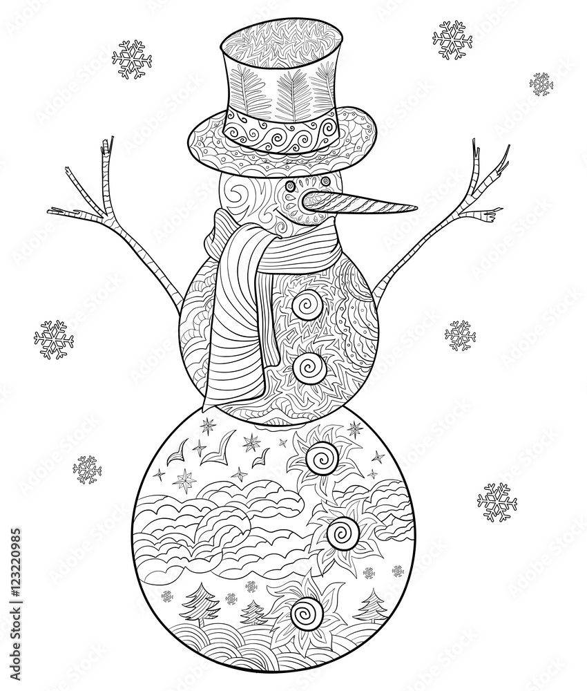 Hand drawn doodle illustration of christmas snowman decorative page for adult coloring book in the bottom circle shows the stylized birds flying above the clouds and trees vector
