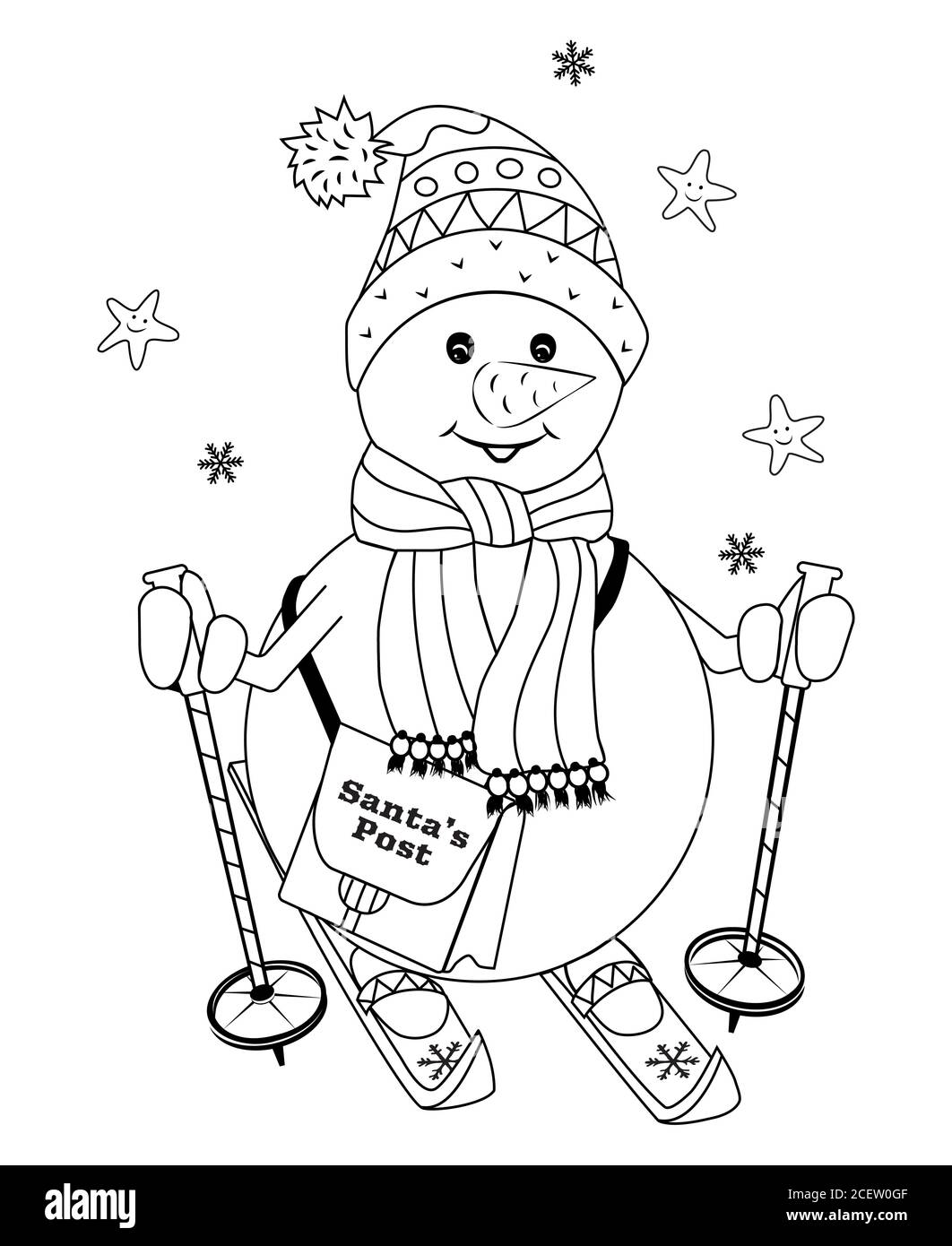 Snowman skiing with poles and postman bag vector illustration for coloring book christnas card for kids vector illustration stock vector image art