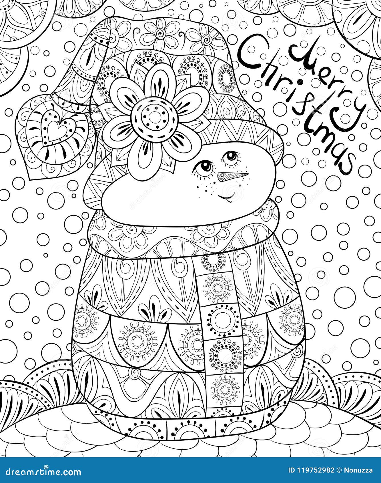 Adult coloring bookpage a cute snowman on the abstract background with lettering for relaxingzen art style illustration stock vector