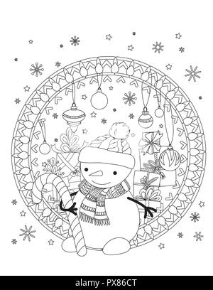 Christmas coloring page adult coloring book cute snowman with scarf and knitted cap holiday decoration and pile of presents hand drawn outline vector illustration stock vector image art