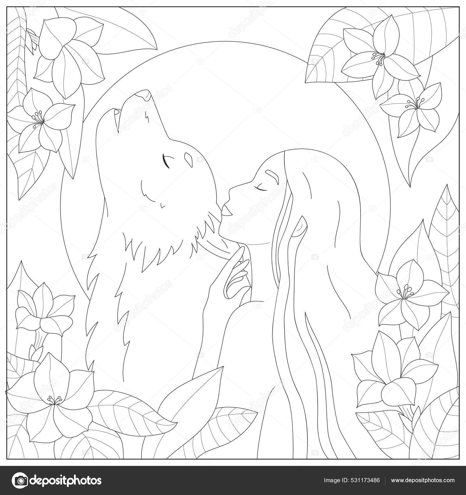 Zentangle coloring page with portrait of beauty woman and wolf mystical antistress coloring book for adults hand drawn flowers and leaves fantasy line drawing of werewolf female character stock vector by kristina