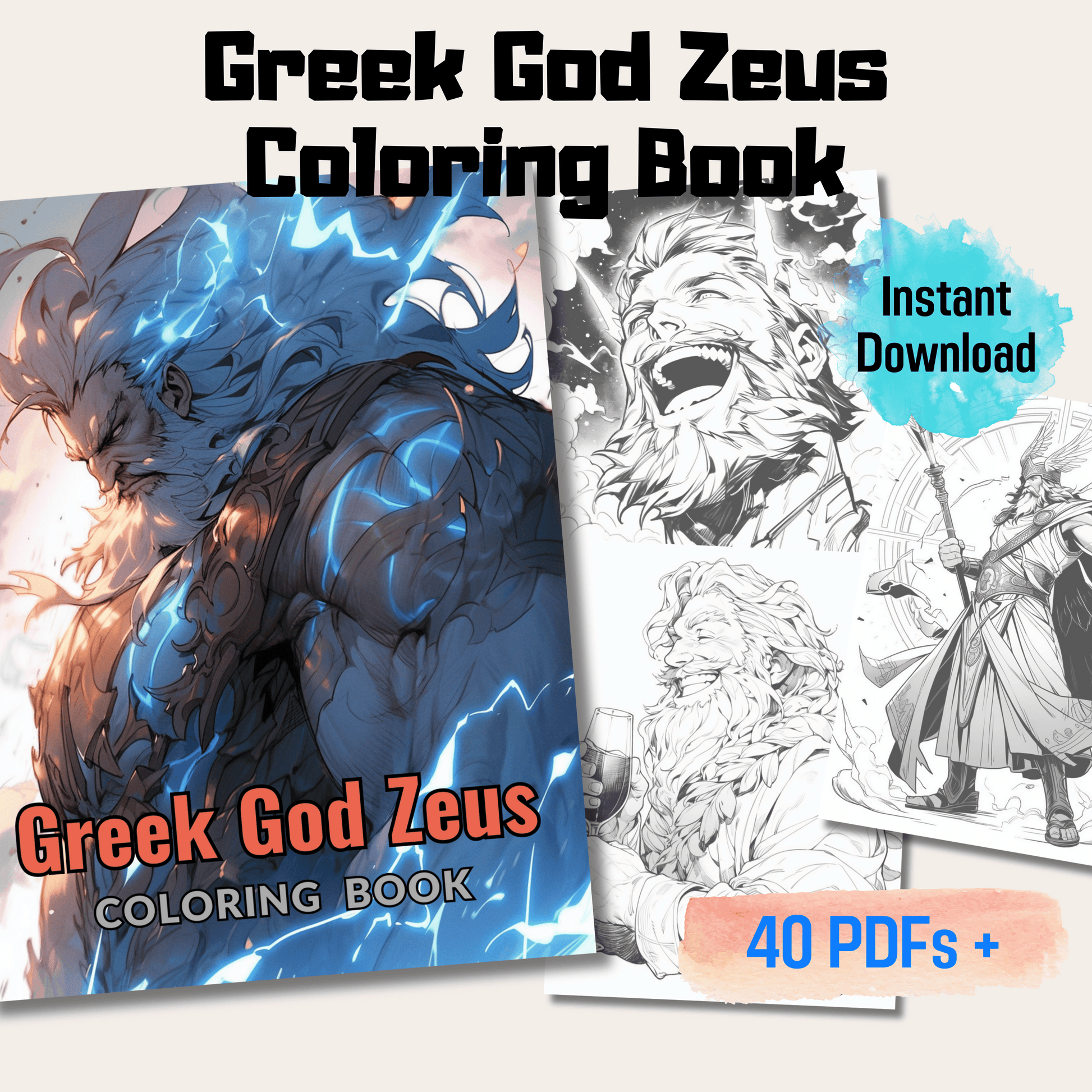 Pages greek god zeus grayscale coloring book instant download pri â funny print for you