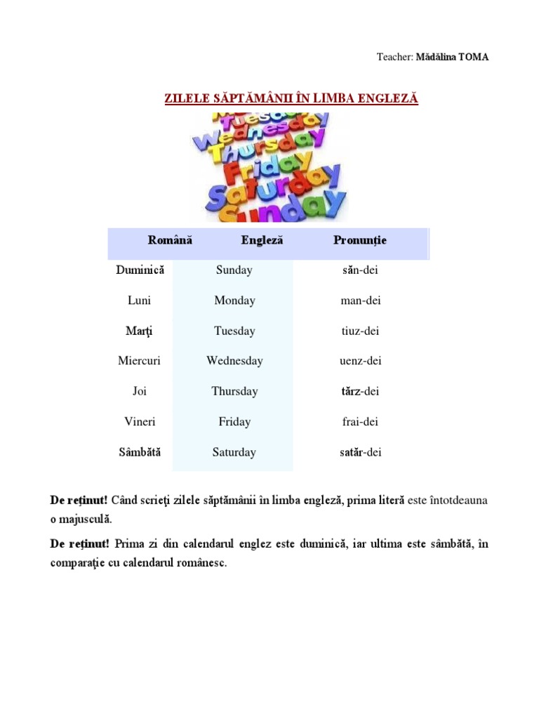 Zilele saptamanii pdf