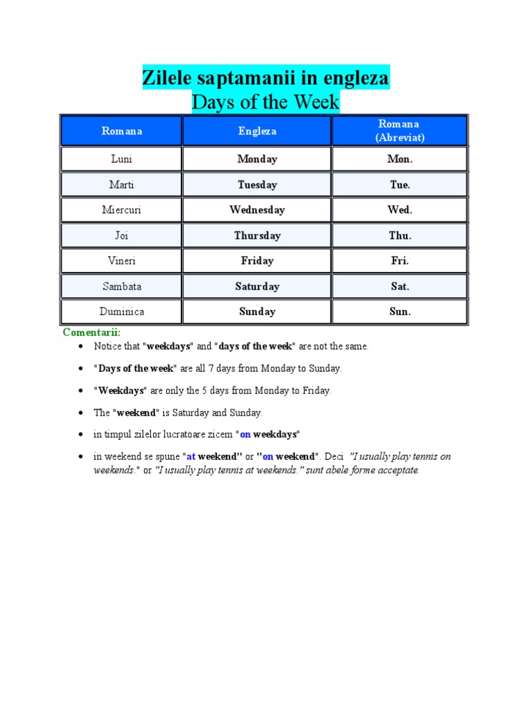 Zilele saptamanii in engleza days of the week pdf