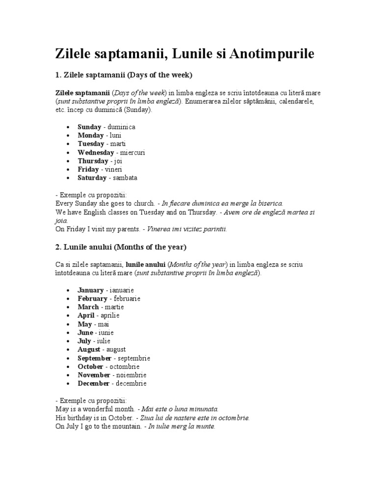 Zilele saptamanii in engleza pdf