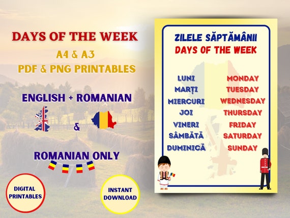 Wochentage rumãnisch zilele saptamanii in romana wortschatz englisch rumãnisch digitale drucke sofort download