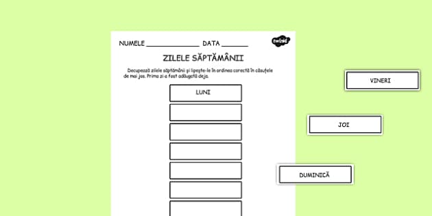 Zilele saptamanii fisa decupeaza si lipeste