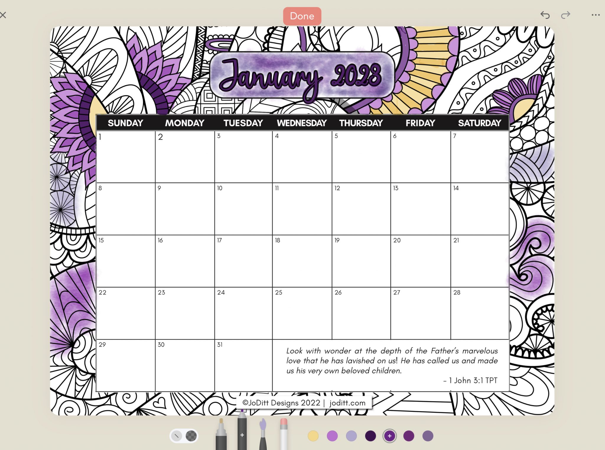 Printable coloring calendar with scriptures