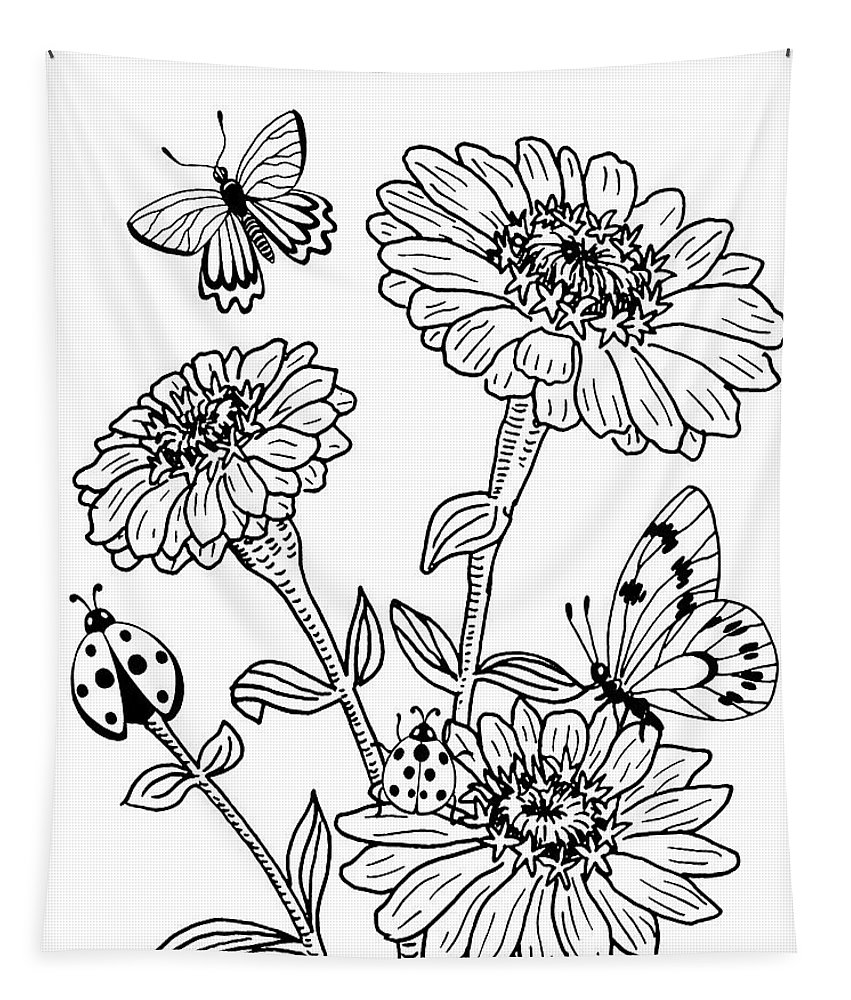 Zinnia and butterflies drawing tapestry by irina sztukowski
