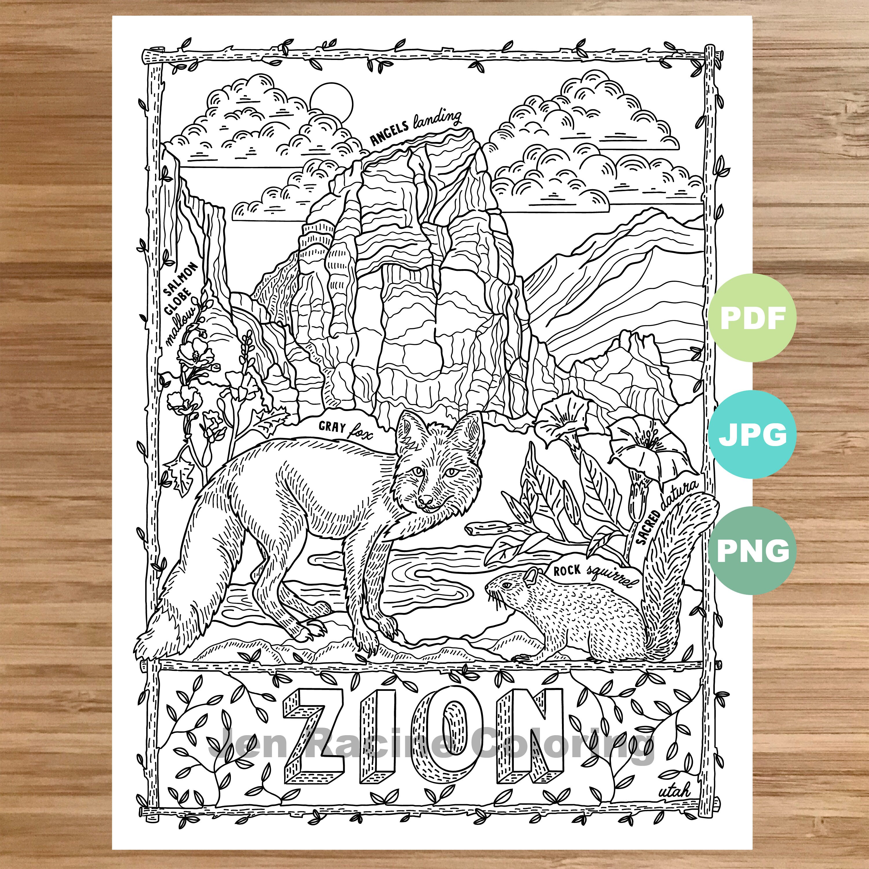 National park coloring page zion utah national park landscape animal plant wildflower coloring page printable