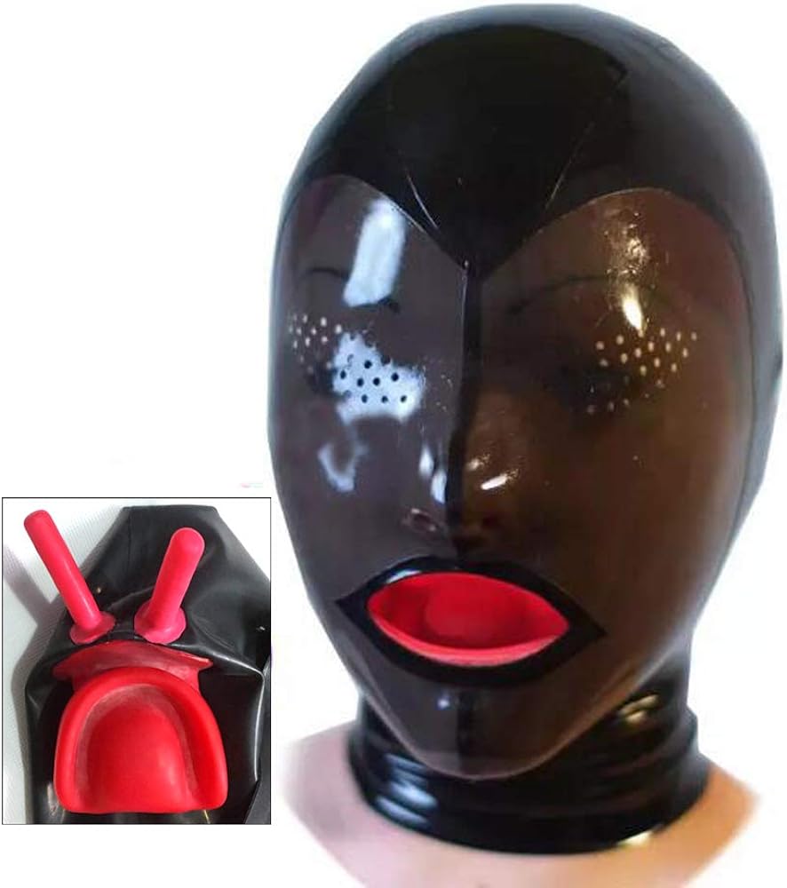 Latex mask hood full cover lined with red mouth sheath tongue and nose with rear zip latex rubber hood xs tube and mouth clothing shoes jewelry
