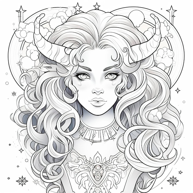 Premium ai image coloring page for adults woman representing capricorn zodiac sign