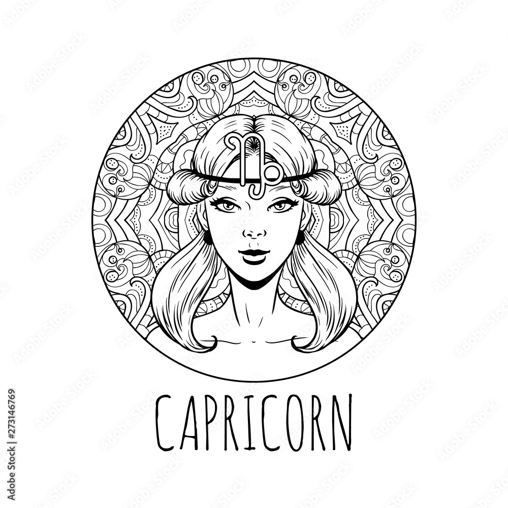 Capricorn zodiac sign artwork adult coloring book page beautiful horoscope symbol girl vector illustration vector