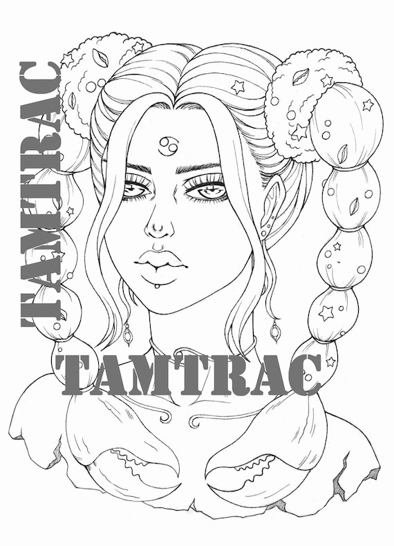 Coloring page cancer zodiac girl signs a printable adult tattoo colouring pages book instant digital download illustration pdf instant download