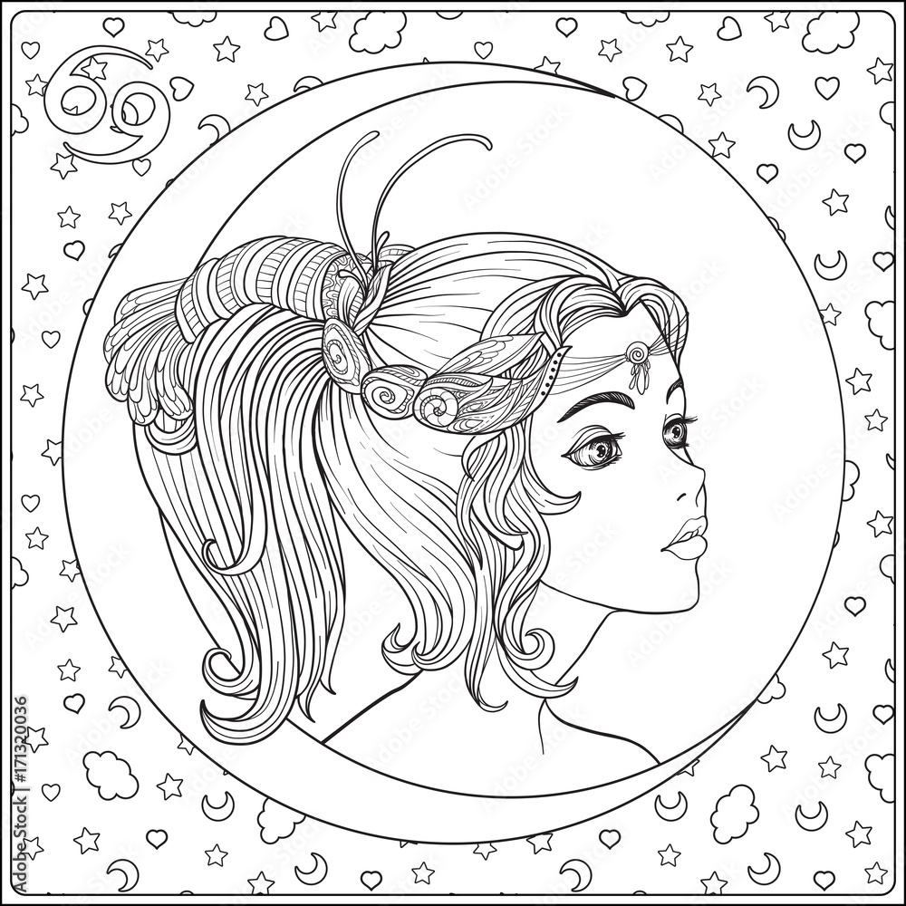 Cancer a young beautiful girl in the form of one of the signs of the zodiac outline hand drawing coloring page for adult coloring book line vector illustration vector