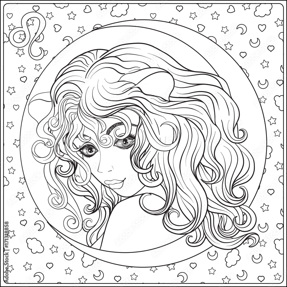 Leo a young beautiful girl in the form of one of the signs of the zodiac outline hand drawing coloring page for adult coloring book line vector illustration vector