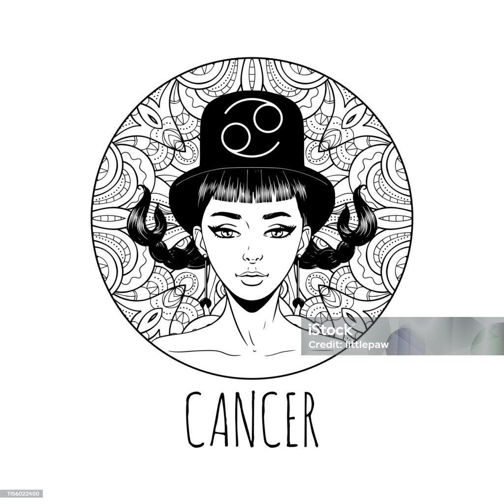 Cancer zodiac sign artwork adult coloring book page beautiful horoscope symbol girl vector illustration stock illustration