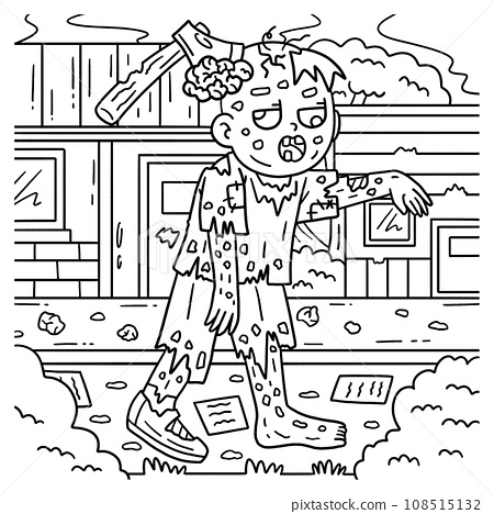 Zombie with an ax on the head coloring pages