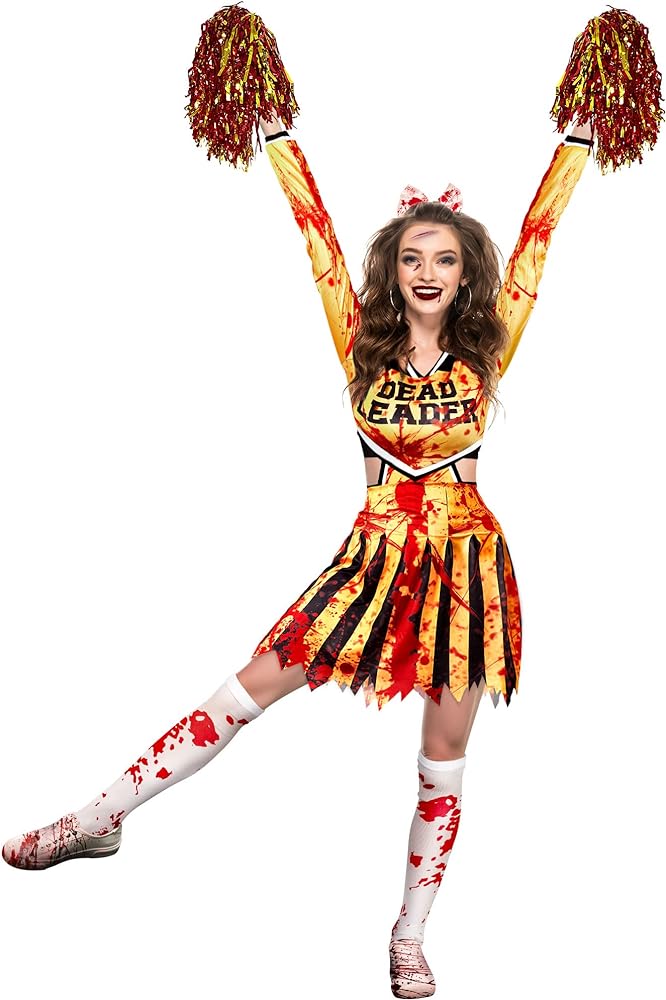Jecery zombie fearleader costume includes cheerleader costume metallic foil cheer pom poms halloween socks bloody bow medium clothing shoes jewelry