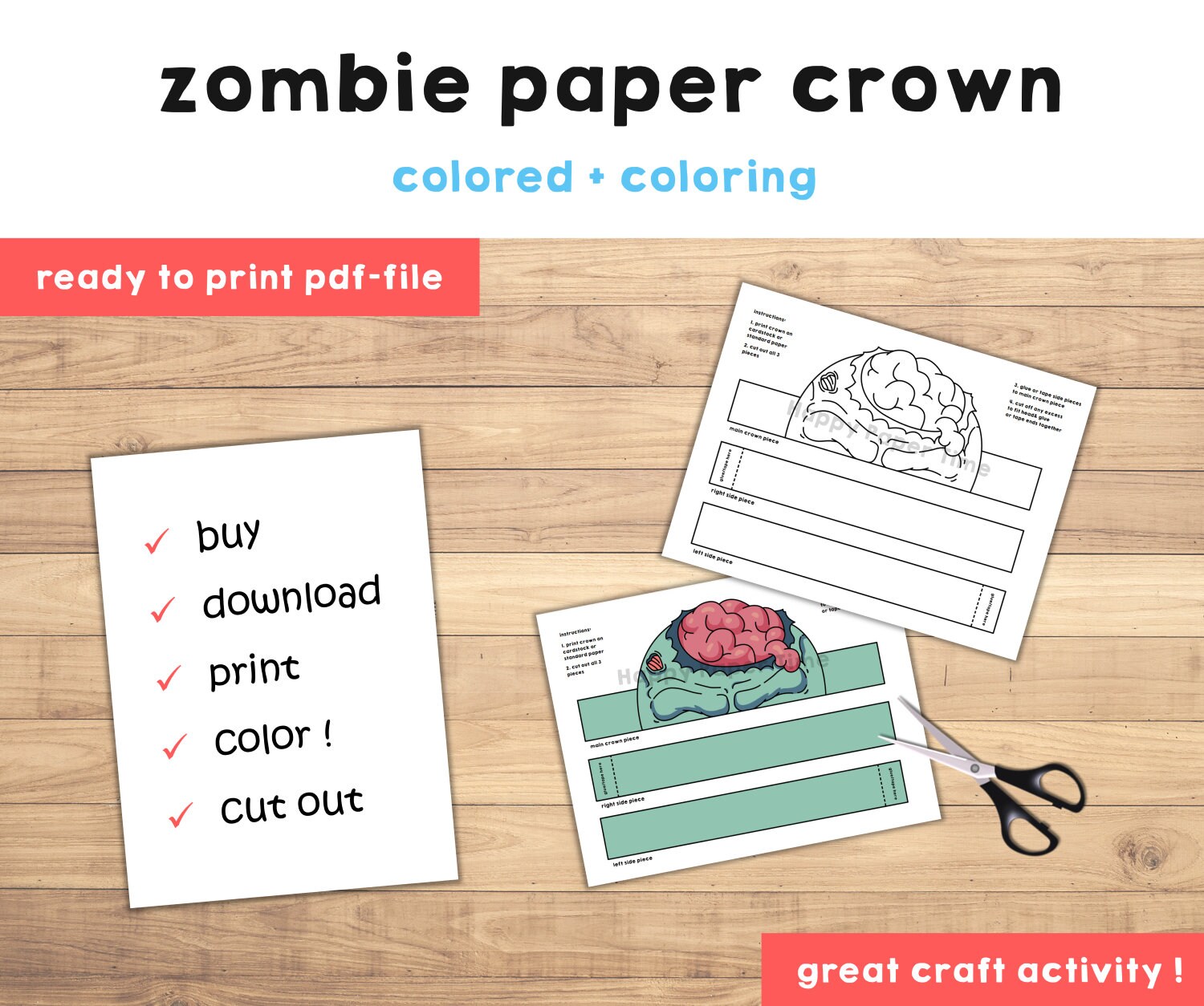 Zombie costume paper crown template halloween party headband coloring printable kids craft birthday favor pdf favor diy instant download