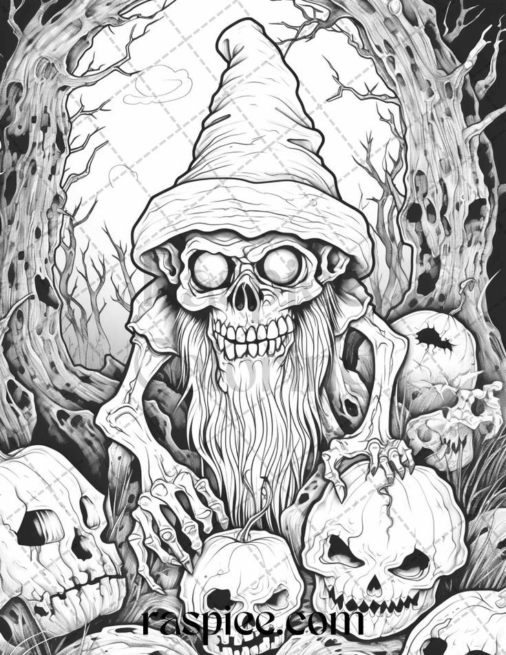 Horror zombie gnomes grayscale coloring pages printable for adults coloring book art grayscale coloring scary drawings