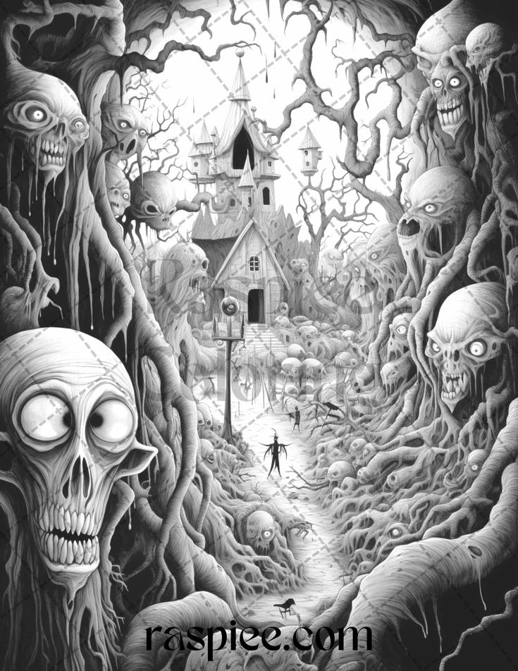 Halloween nightmare grayscale coloring pages printable for adults skull artwork illustrations grayscale coloring coloring pages