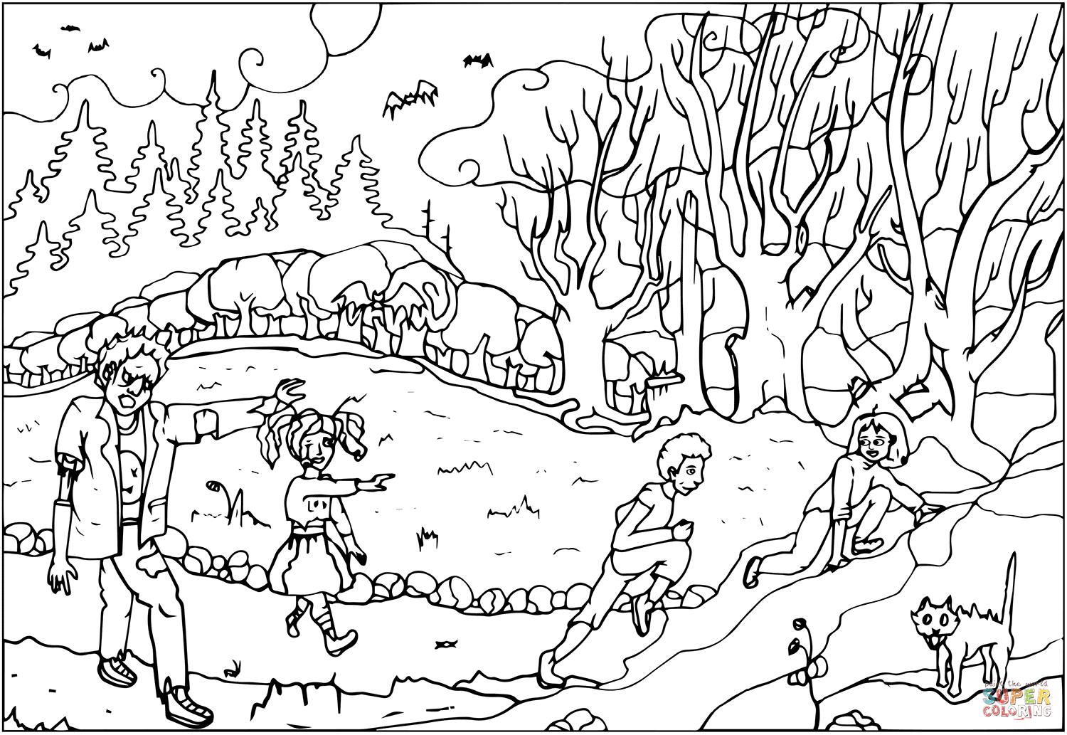 Zombies on halloween night coloring page free printable coloring pages