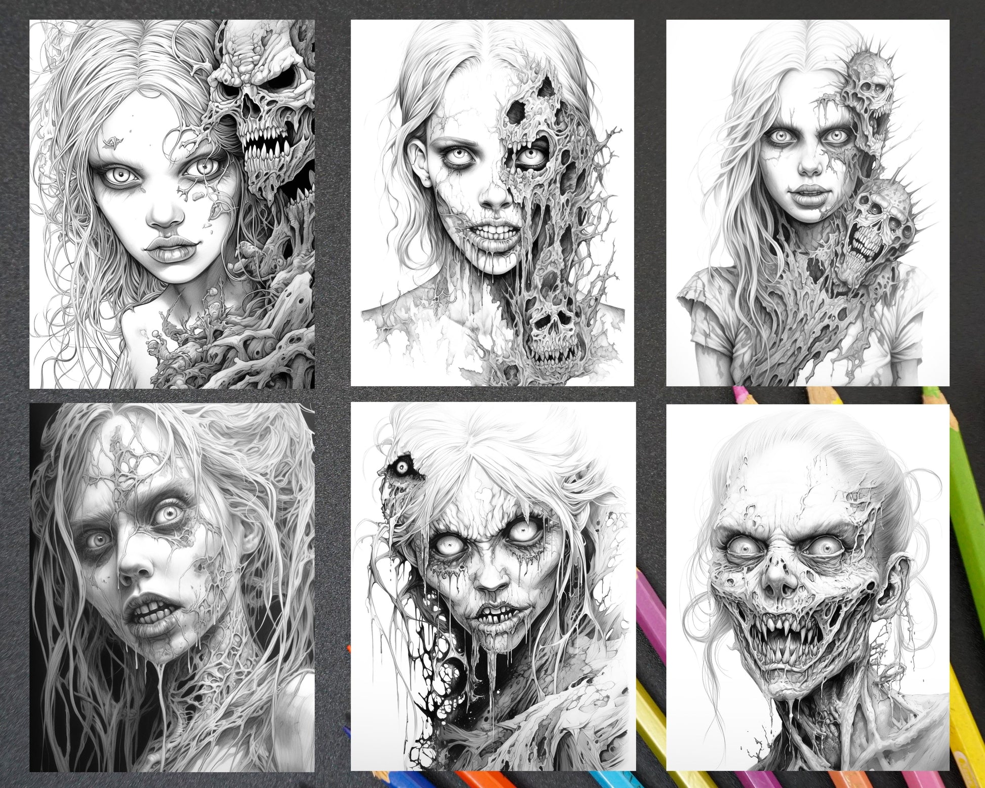 Scary zombie girls grayscale coloring pages printable for adults p â coloring