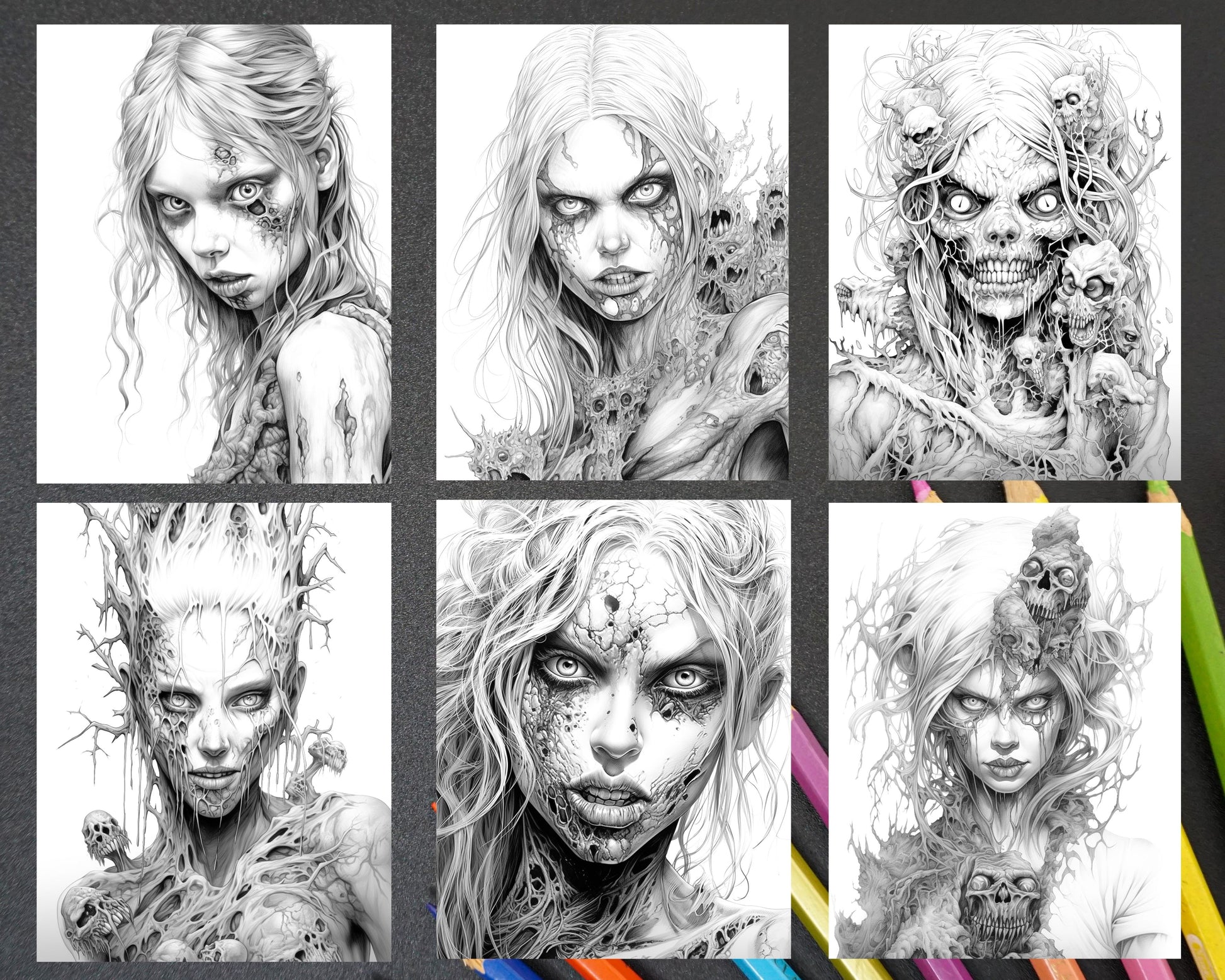 Scary zombie girls grayscale coloring pages printable for adults p â coloring