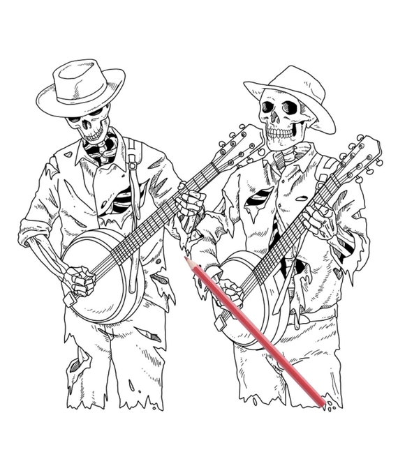 Horror coloring sheet zombie banjo music skeleton bluegrass country music scary halloween digital download nightmare blood banjo