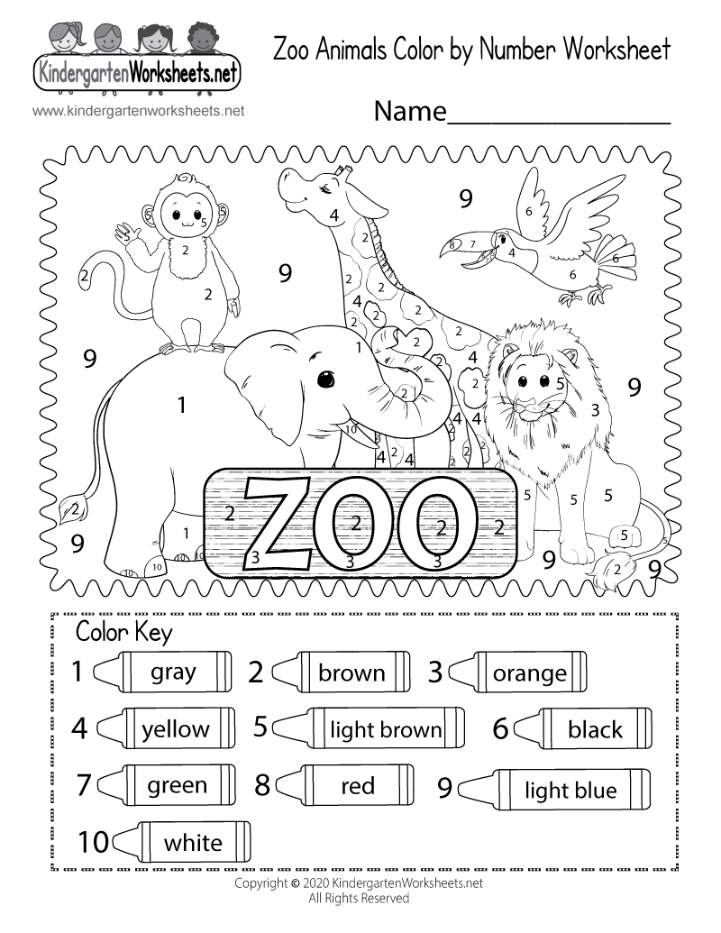Kindergarten zoo animals color by number worksheet printable animal worksheets kindergarten worksheets color worksheets