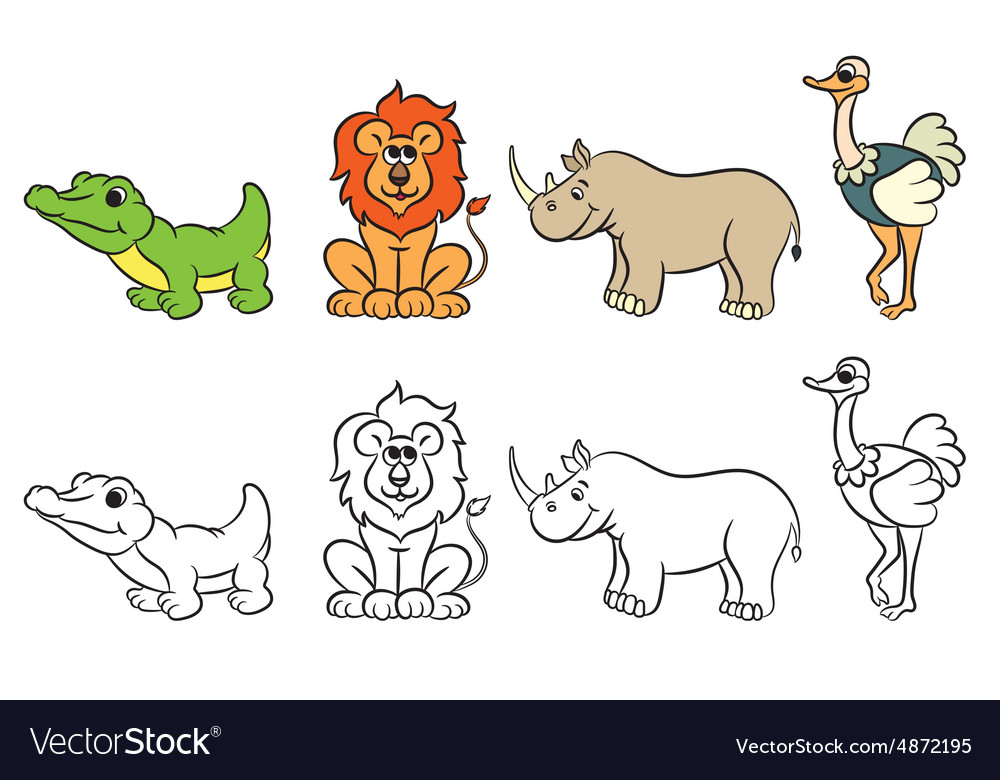 Cute zoo animals collection for coloring book vector image