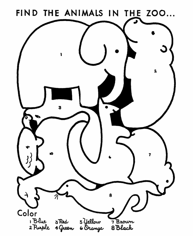 Color by number coloring page learn to color by following the color numbers zoo animals coloring page activity sheet