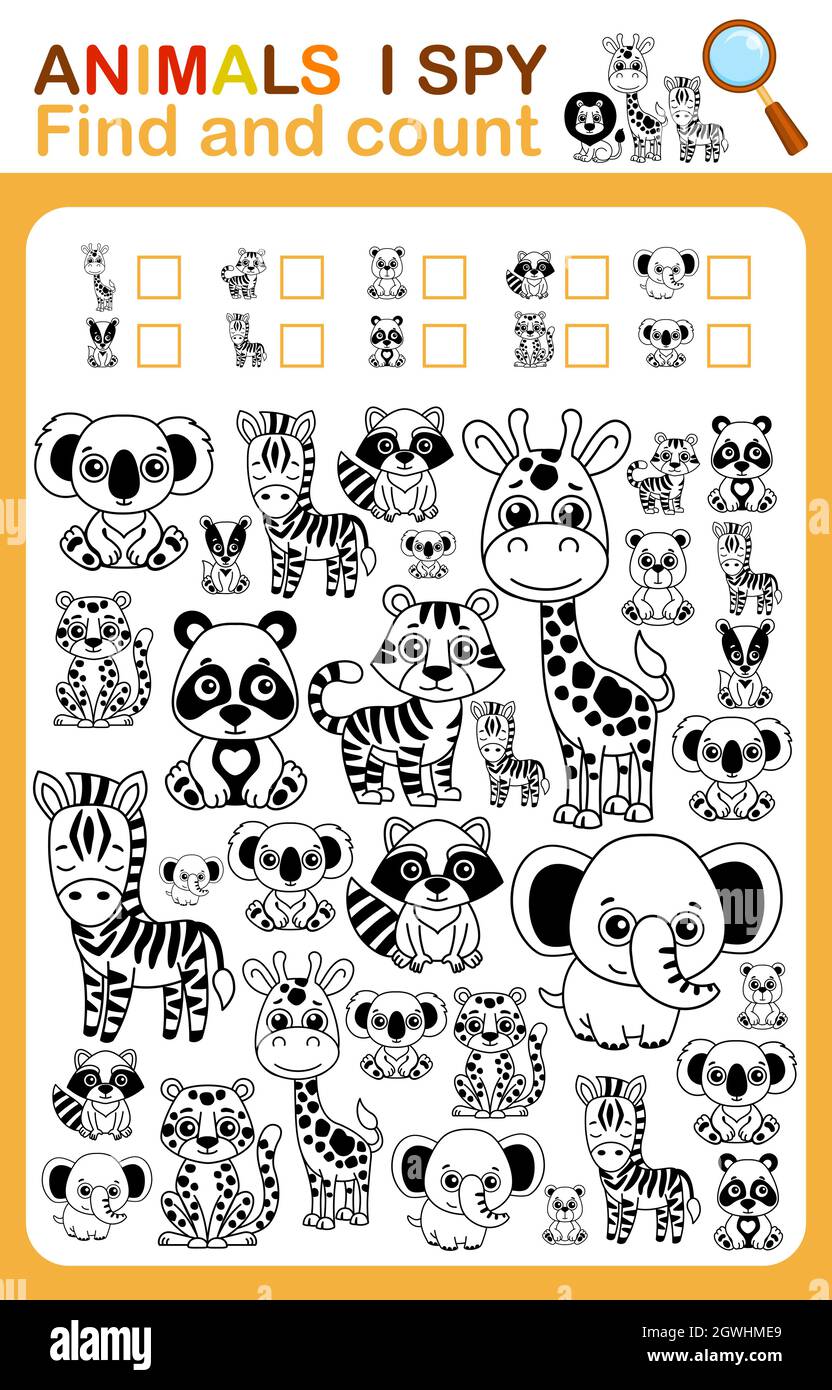 Coloring book page i spy count and color zoo animal printable worksheet for kindergarten and preschool stock vector image art