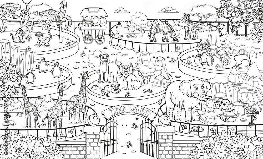 Big coloring book with zoo animals zoo map with enclosures with animals outdoor park entrance with green bushes cartoon vector illustration pandas giraffes elephants zebras elephants vector
