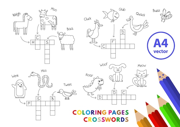 Premium vector funny animals crosswords set vector coloring book pages for children education