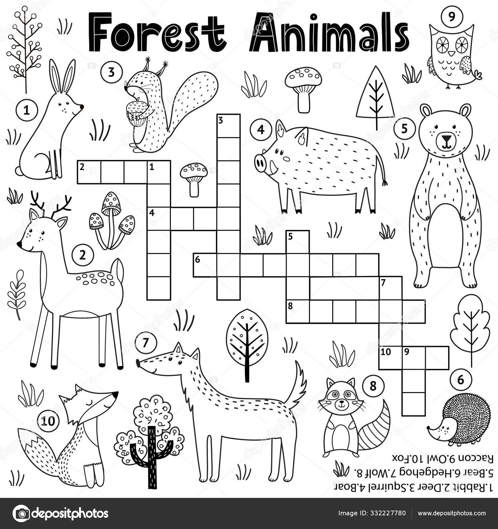 Black and white crossword for kids with forest animals woodland coloring page stock vector by juliyas