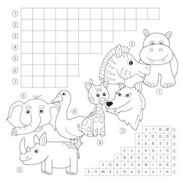 Premium vector vector crossword coloring book page education game for children about animals kids magazine coloring book word puzzle game worksheet for kids printable version