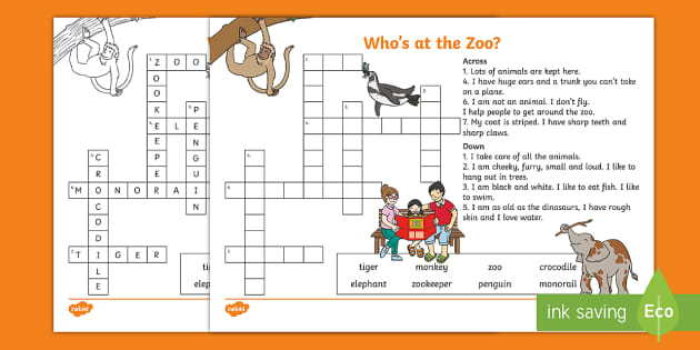 Whos at the zoo crossword for kids teacher made