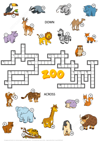 Crossword puzzle about zoo animals free printable puzzle games