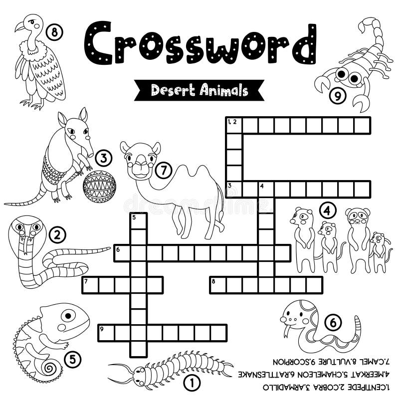 Crossword puzzle desert animals coloring version stock vector