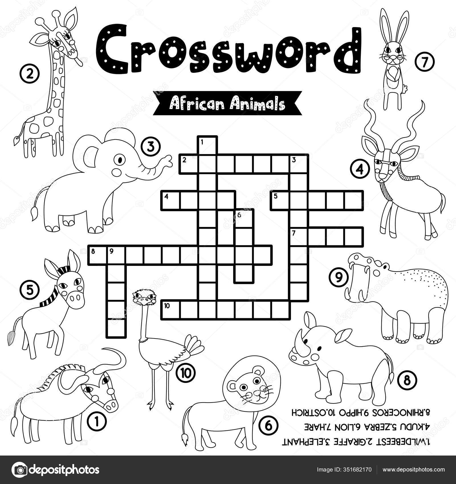Crosswords puzzle game african animals preschool kids activity worksheet coloring stock vector by natchapohn