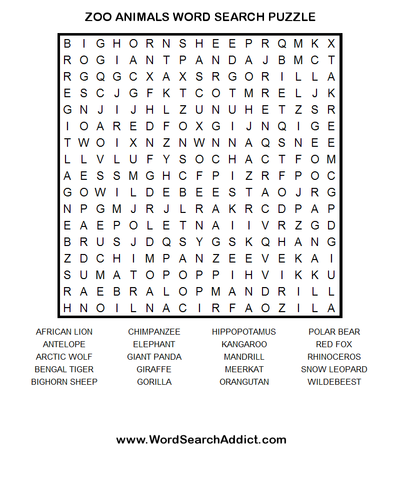 Zoo animals printable word search puzzle word search puzzles printables printable crossword puzzles word search printables