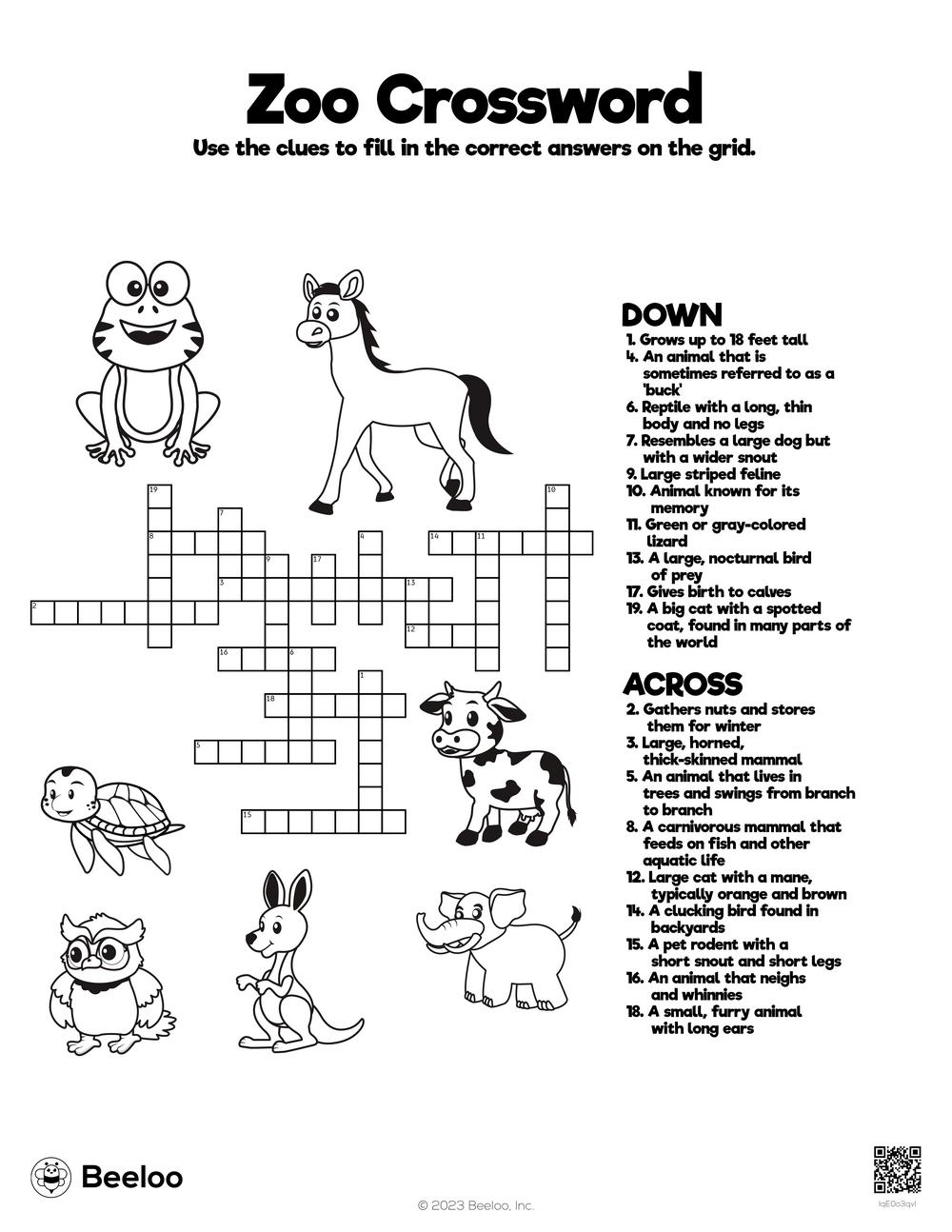 Zoo crossword â printable crafts and activities for kids