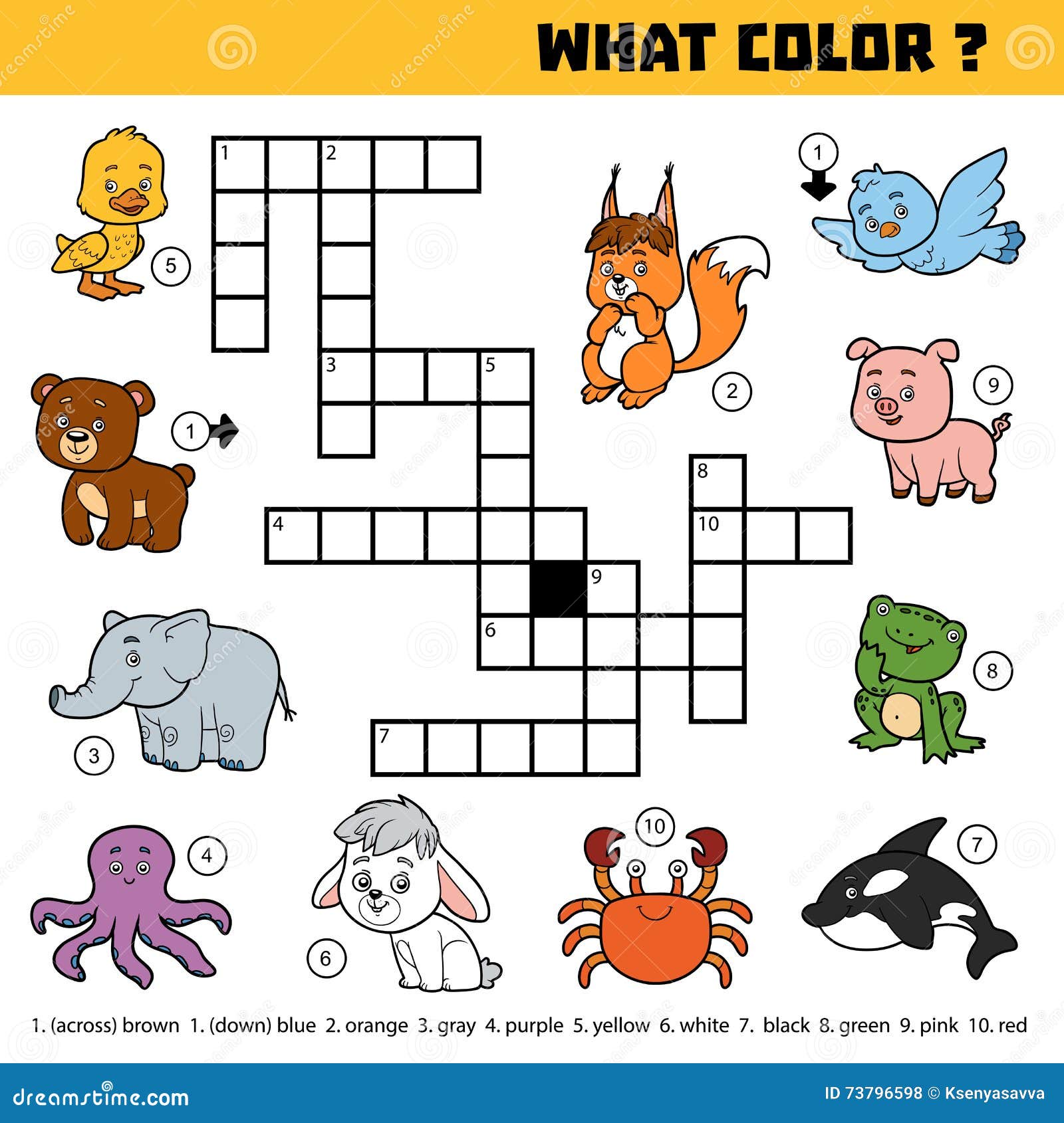 Vector color crossword about colors what color are animals stock vector