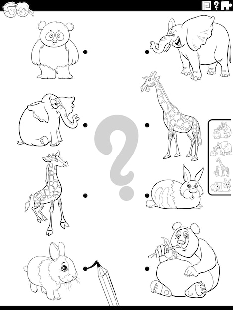 Premium vector match cartoon animals and their babies task coloring page