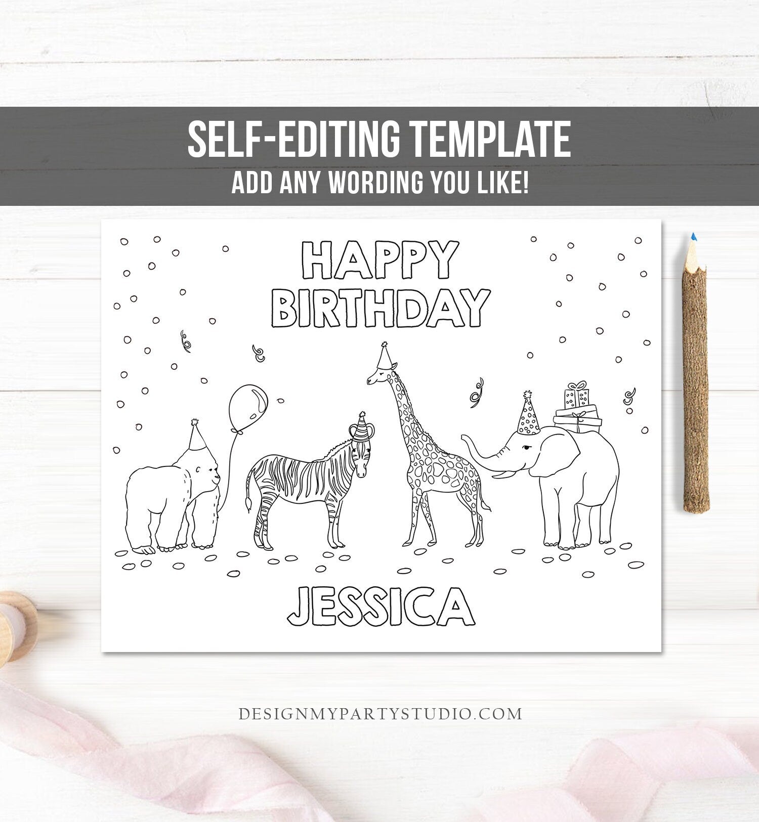 Editable coloring page safari animals birthday party activity game wil