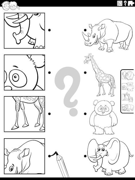 Premium vector match cartoon wild animals and clippings game coloring page