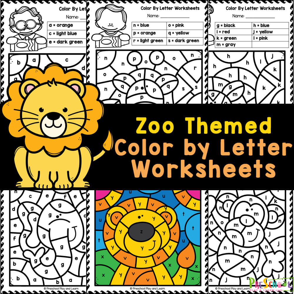 Free zoo animals color by letter worksheets
